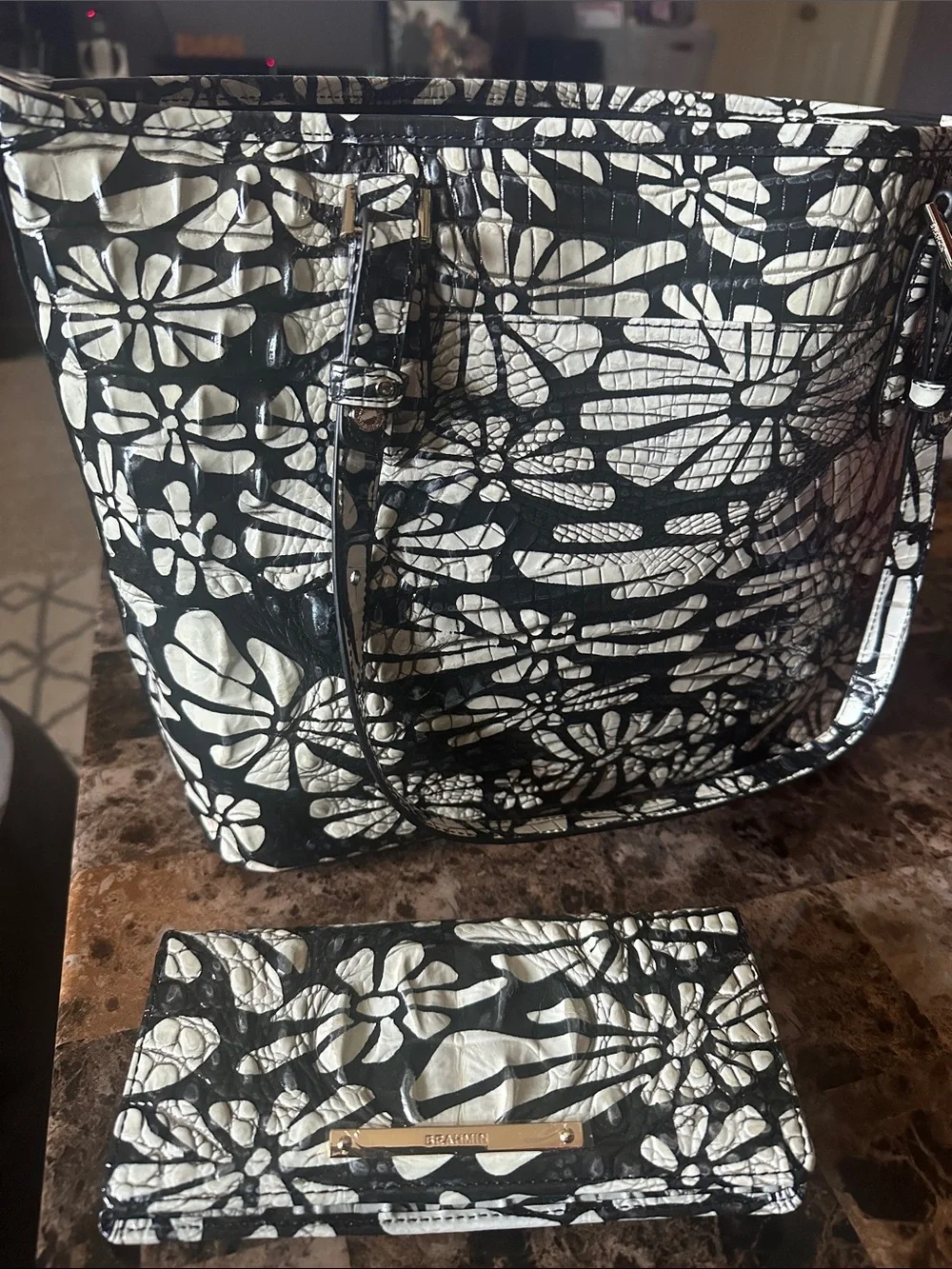 Brahmin Black & White Floral Tote Bag with Matching Wallet